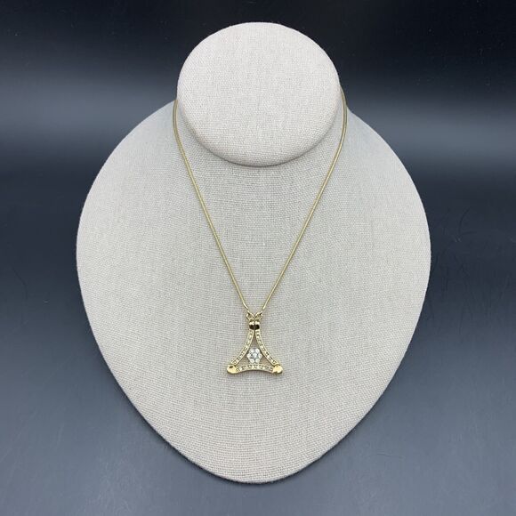 Park Lane Pendant Necklace Flower Floral Triangle Gold Tone Clear Rhinestone - Picture 8 of 9